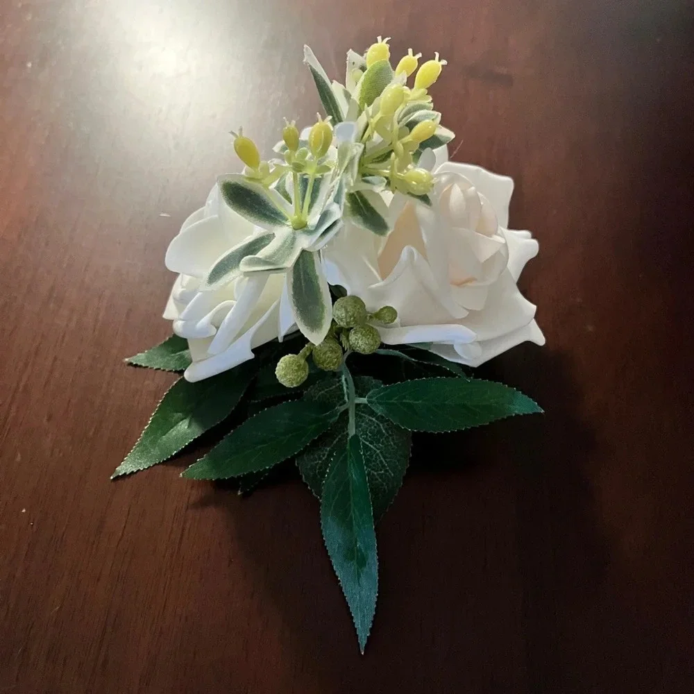 White Silk Like Rose Boutonniere - Dance Boutonniere‎ Prom Hand corsage bracelet
